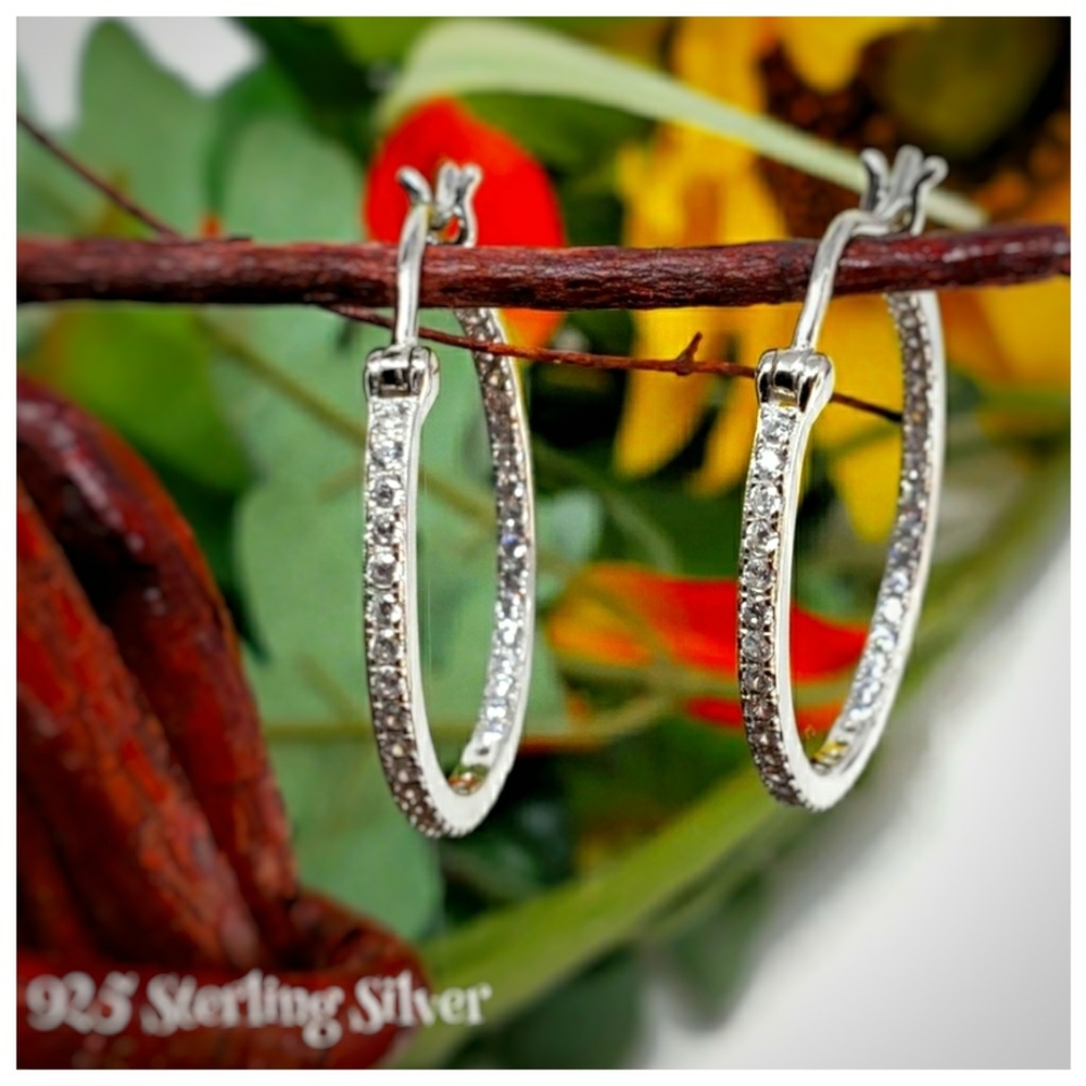 New - 925 Sterling Silver Unique Double Layer Hoop Round Cut CZ Earrings